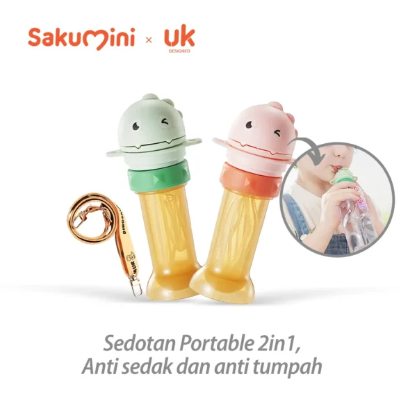 Sakumini 2in1 Travelling Portable Cover Straw Dino Tutup Botol Sedotan Anak