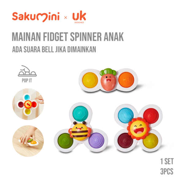 Sakumini 3in1 Fidget Spinner Suction Mainan Anak Edukasi Pop it Sensorik Motorik Bayi
