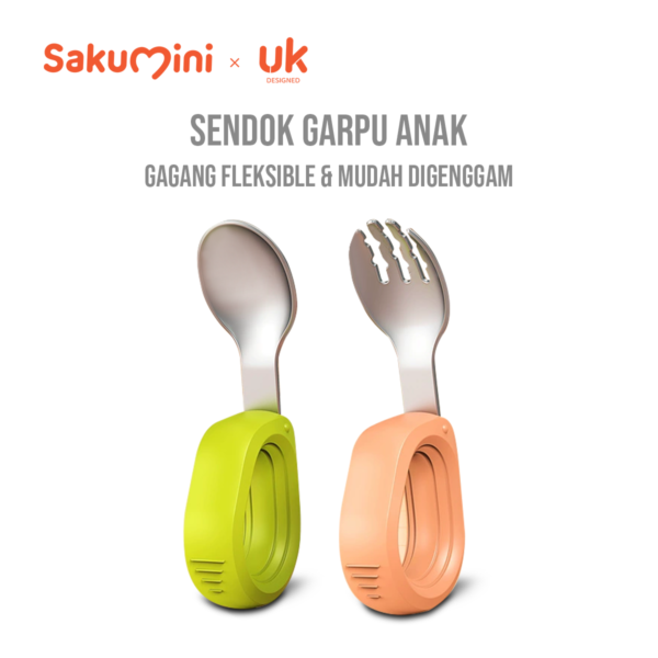 Sakumini Colorful Set Sendok Garpu Training Anak Bayi Gagang Bundar Stainless Steel Tahan Karat