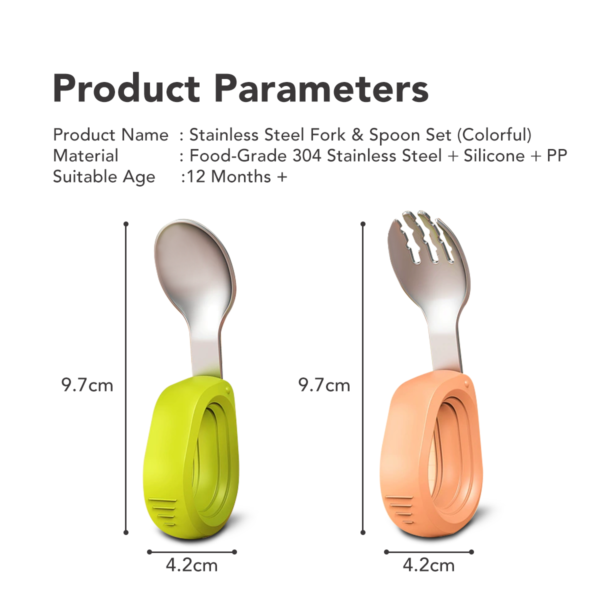 Sakumini Colorful Set Sendok Garpu Training Anak Bayi Gagang Bundar Stainless Steel Tahan Karat - Image 8